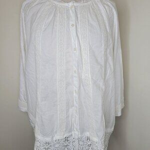 White Cotton Lace Trim Blouse By Logo Lavish Womens XL Button Front resortwear